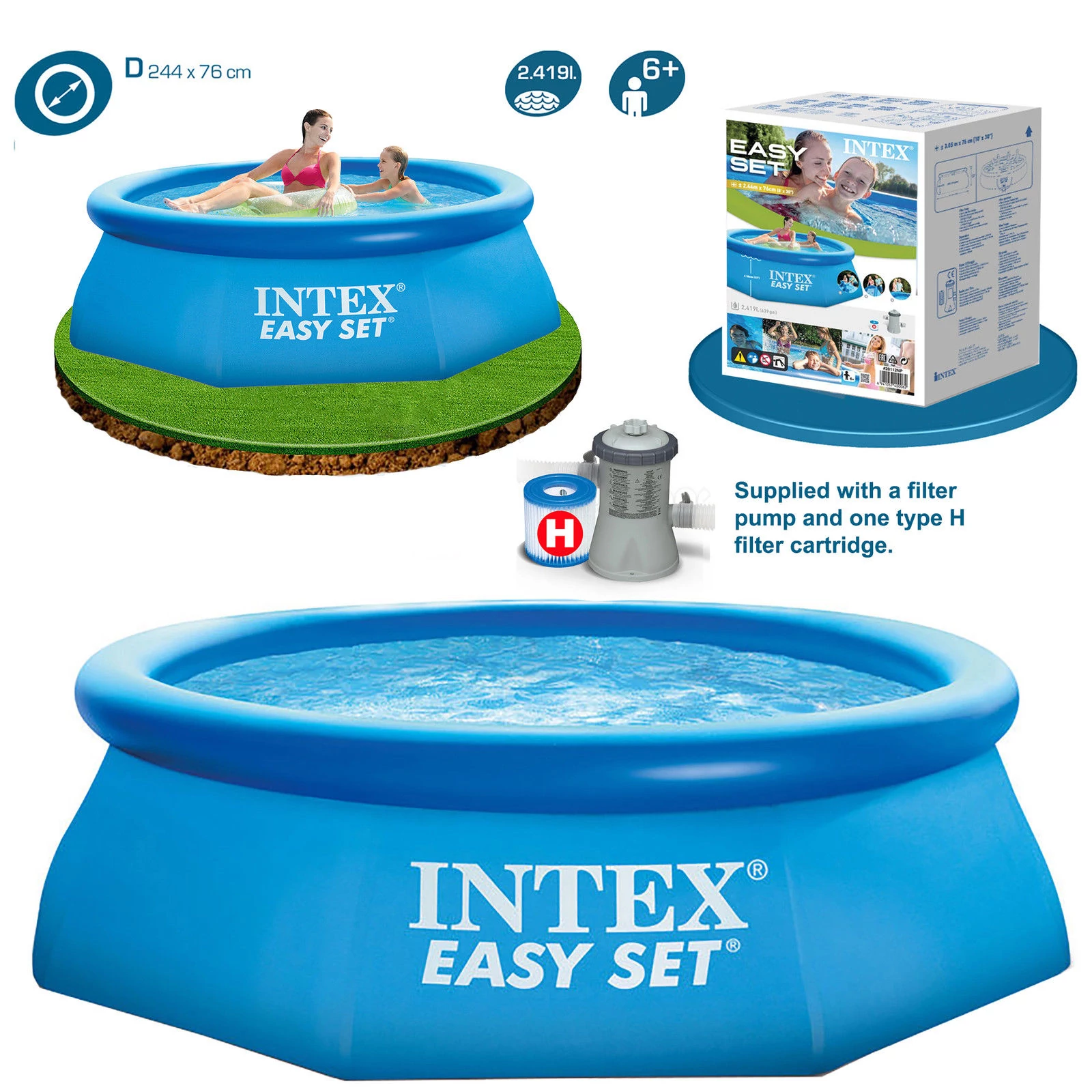 Intex Easy vízforgatós medence szett, 244x76cm, vízforgatóval + ajándék takarófóliával - 28112NP